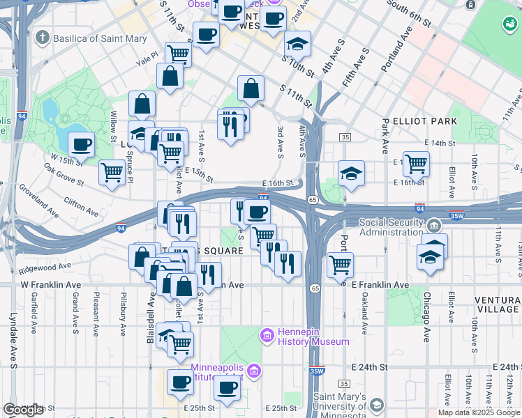 map of restaurants, bars, coffee shops, grocery stores, and more near 1728 3rd Avenue South in Minneapolis