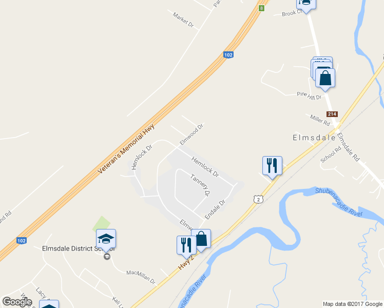 map of restaurants, bars, coffee shops, grocery stores, and more near 58 Hemlock Drive in Elmsdale