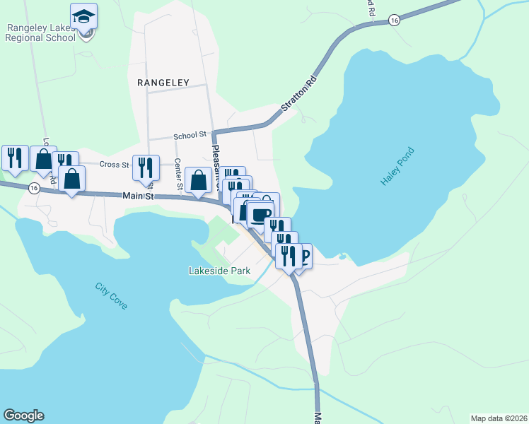 map of restaurants, bars, coffee shops, grocery stores, and more near 8 High Street in Rangeley