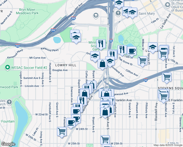 map of restaurants, bars, coffee shops, grocery stores, and more near 900 Summit Avenue in Minneapolis