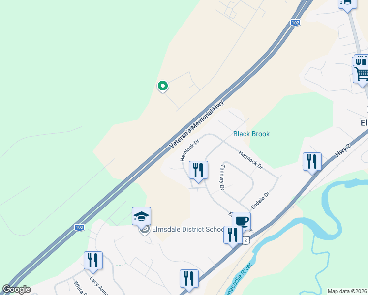 map of restaurants, bars, coffee shops, grocery stores, and more near 128 Hemlock Drive in Elmsdale