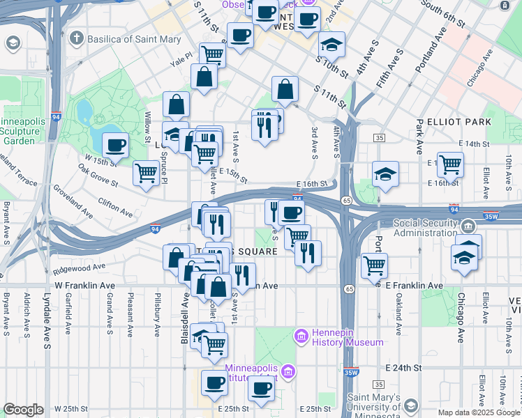 map of restaurants, bars, coffee shops, grocery stores, and more near 1705 Stevens Avenue in Minneapolis