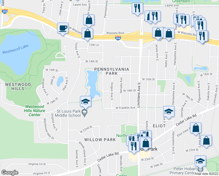 map of restaurants, bars, coffee shops, grocery stores, and more near 1800 Oregon Avenue South in Minneapolis