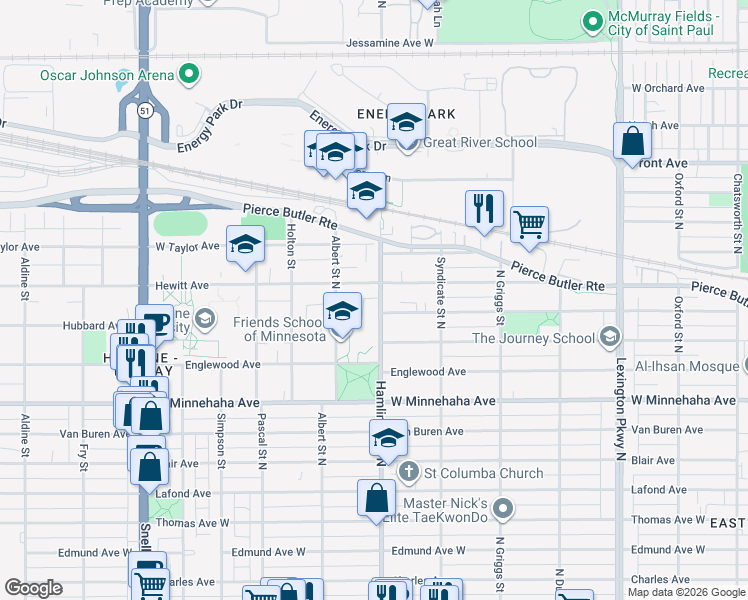 map of restaurants, bars, coffee shops, grocery stores, and more near 823 Hamline Avenue North in Saint Paul