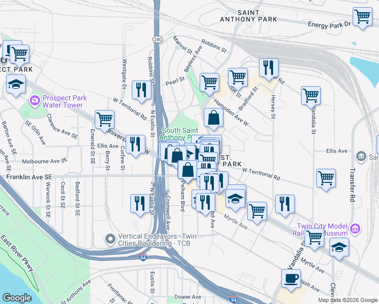 map of restaurants, bars, coffee shops, grocery stores, and more near 2459 University Avenue West in Saint Paul