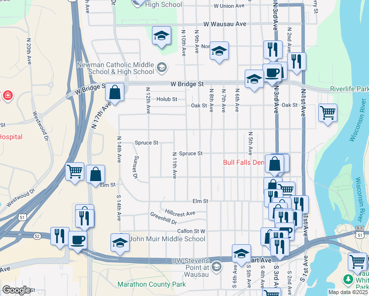 map of restaurants, bars, coffee shops, grocery stores, and more near North 10th Avenue in Wausau