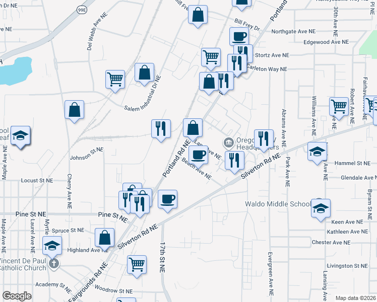 map of restaurants, bars, coffee shops, grocery stores, and more near 1785 Beach Avenue Northeast in Salem
