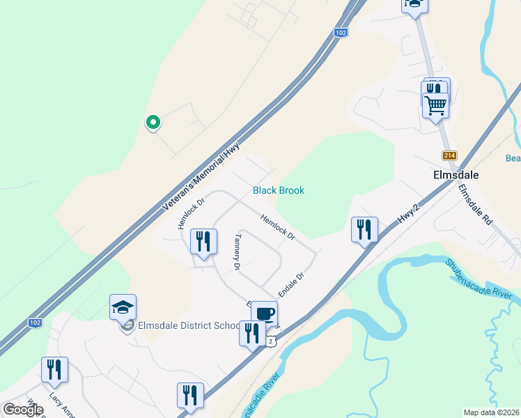 map of restaurants, bars, coffee shops, grocery stores, and more near 58 Hemlock Drive in Elmsdale
