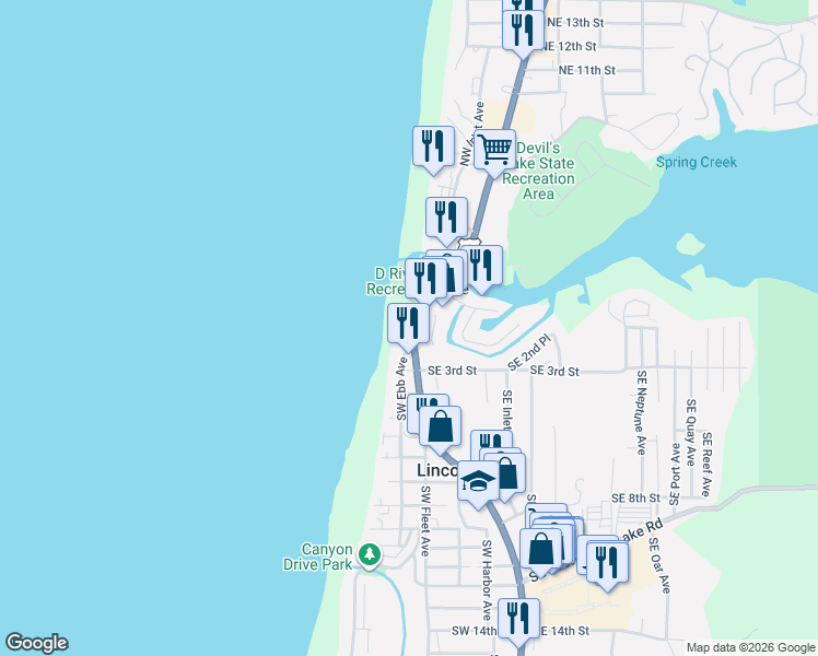 map of restaurants, bars, coffee shops, grocery stores, and more near 171 Southwest Highway 101 in Lincoln City