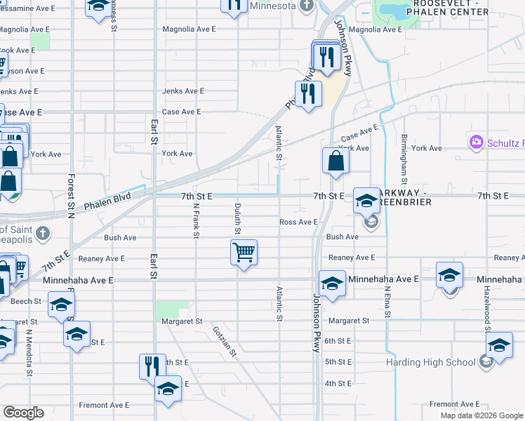 map of restaurants, bars, coffee shops, grocery stores, and more near 1206 Ross Avenue in Saint Paul