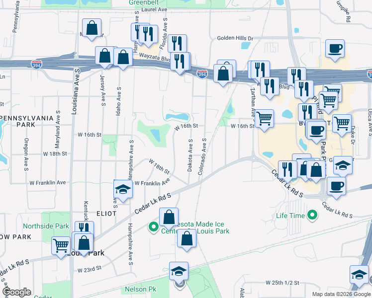 map of restaurants, bars, coffee shops, grocery stores, and more near 1801 Edgewood Avenue South in Minneapolis