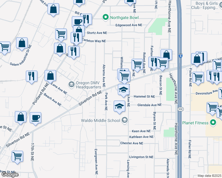 map of restaurants, bars, coffee shops, grocery stores, and more near 2764 Silverton Road Northeast in Salem