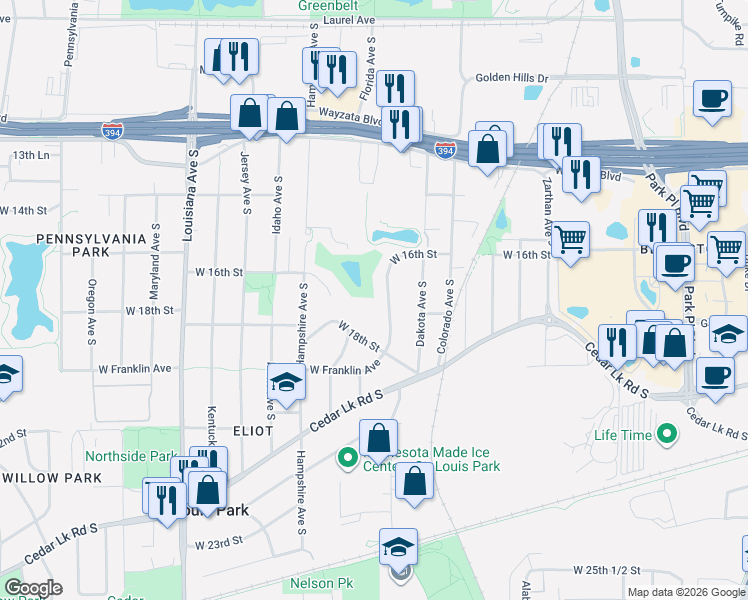 map of restaurants, bars, coffee shops, grocery stores, and more near 1808 Edgewood Avenue South in Minneapolis