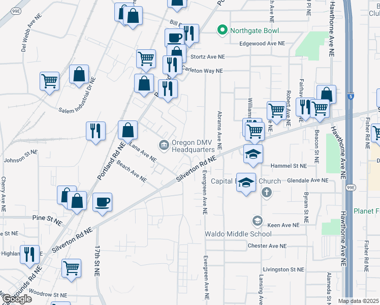 map of restaurants, bars, coffee shops, grocery stores, and more near 2555 Silverton Road Northeast in Salem