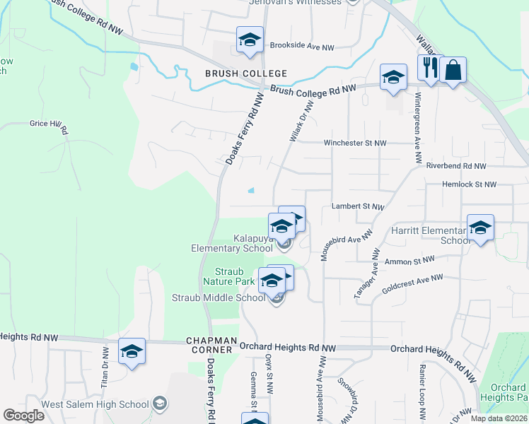 map of restaurants, bars, coffee shops, grocery stores, and more near 2030 Woodhaven Court Northwest in Salem
