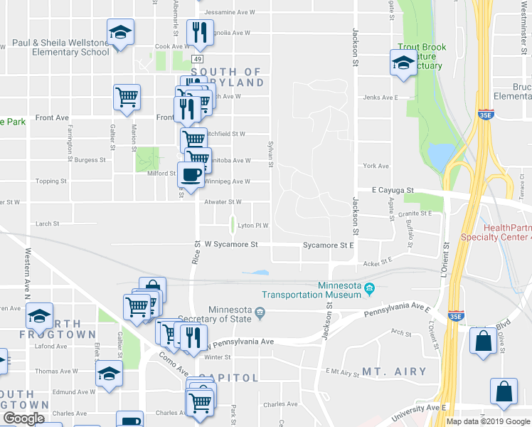map of restaurants, bars, coffee shops, grocery stores, and more near 44 Lyton Place West in Saint Paul