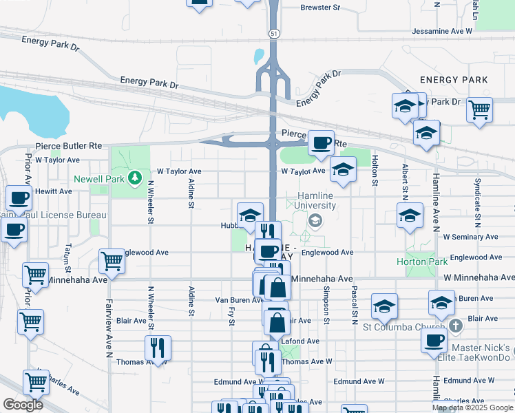 map of restaurants, bars, coffee shops, grocery stores, and more near 1601 Hubbard Avenue in Saint Paul