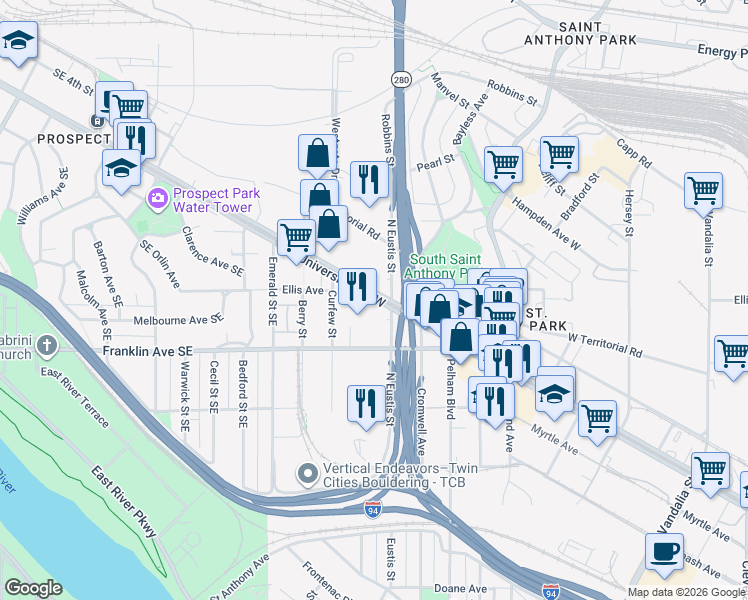 map of restaurants, bars, coffee shops, grocery stores, and more near 2550 University Avenue West in Saint Paul