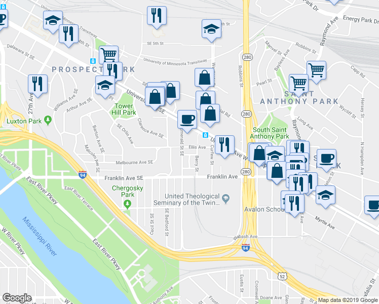 map of restaurants, bars, coffee shops, grocery stores, and more near 2564 Franklin Avenue in Saint Paul