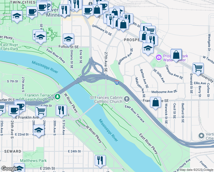 map of restaurants, bars, coffee shops, grocery stores, and more near 11 27th Avenue Southeast in Minneapolis