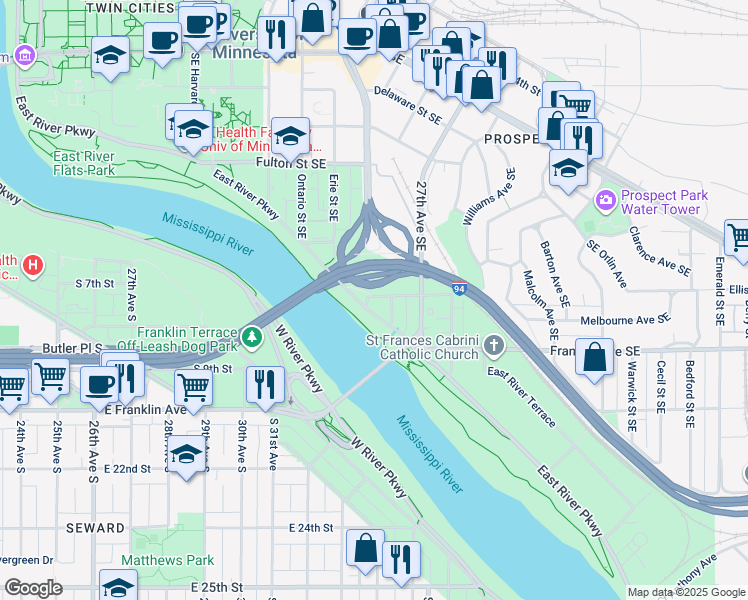 map of restaurants, bars, coffee shops, grocery stores, and more near 1155 East River Parkway in Minneapolis