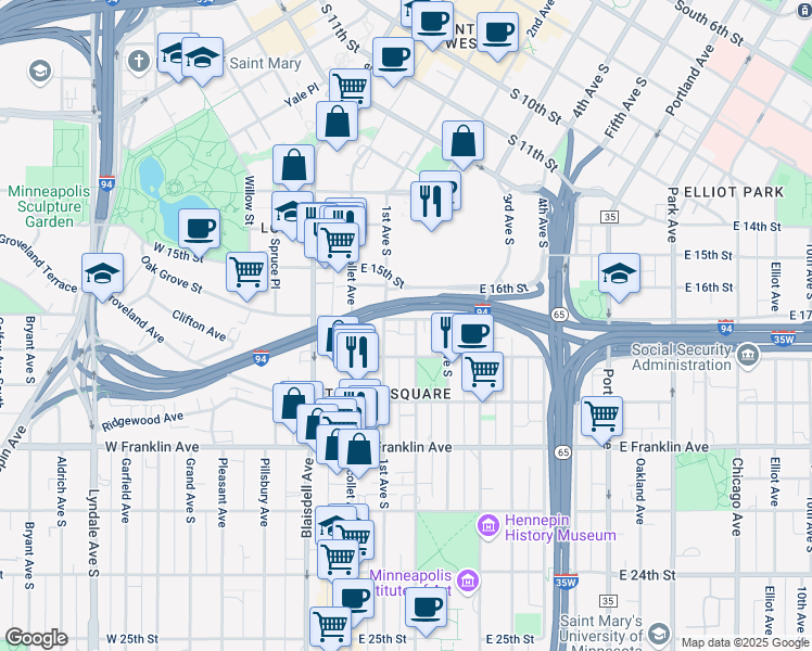 map of restaurants, bars, coffee shops, grocery stores, and more near 110 East 18th Street in Minneapolis