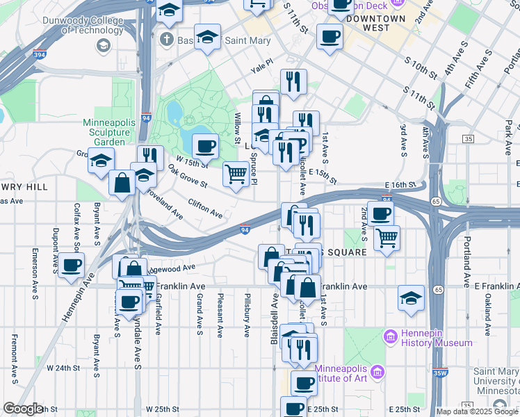 map of restaurants, bars, coffee shops, grocery stores, and more near 101 1/2 Oak Grove Street in Minneapolis