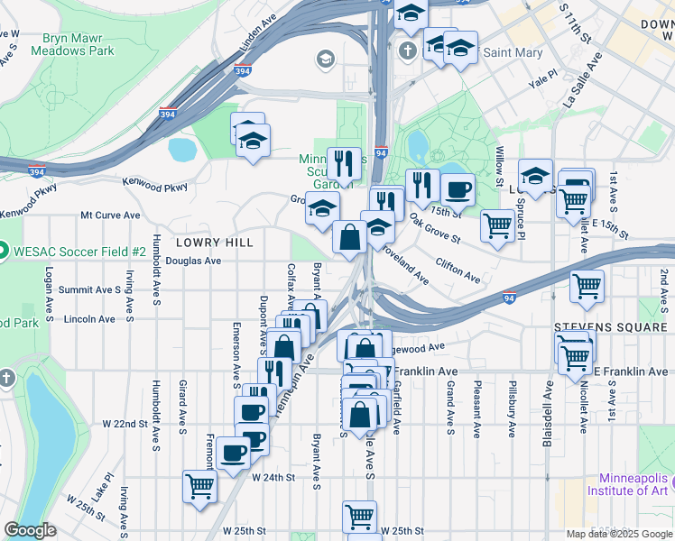 map of restaurants, bars, coffee shops, grocery stores, and more near 1778 Hennepin Avenue in Minneapolis