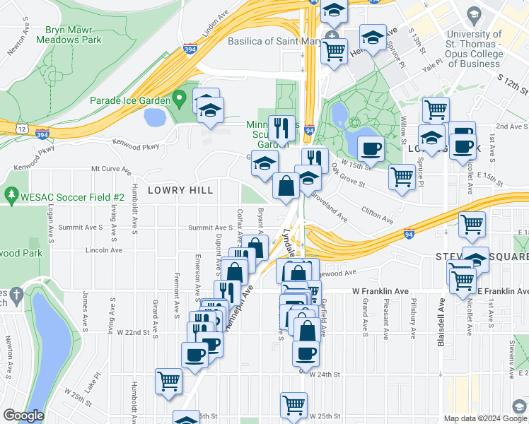 map of restaurants, bars, coffee shops, grocery stores, and more near 900 Summit Avenue in Minneapolis