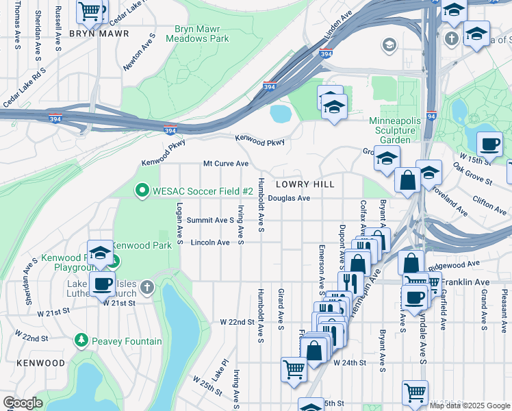 map of restaurants, bars, coffee shops, grocery stores, and more near 1502 Summit Avenue in Minneapolis