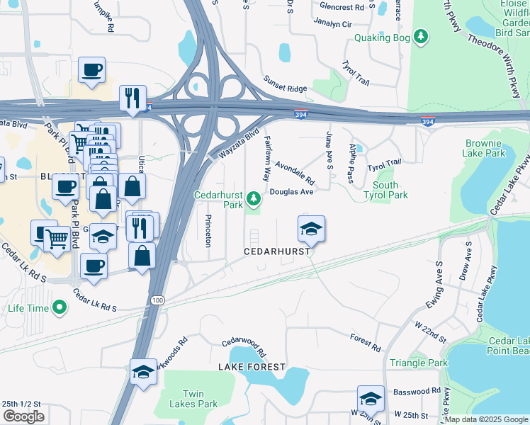 map of restaurants, bars, coffee shops, grocery stores, and more near 4584 Cedar Lake Road in Minneapolis