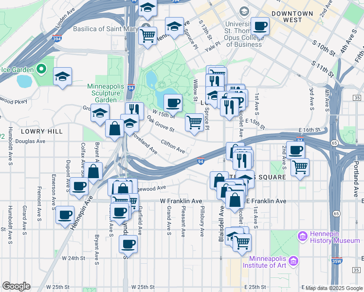map of restaurants, bars, coffee shops, grocery stores, and more near 300 Clifton Avenue in Minneapolis