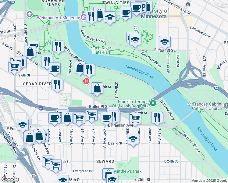 map of restaurants, bars, coffee shops, grocery stores, and more near 708 27th Avenue South in Minneapolis