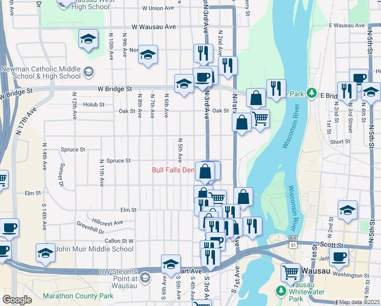 map of restaurants, bars, coffee shops, grocery stores, and more near 231 North 4th Avenue in Wausau