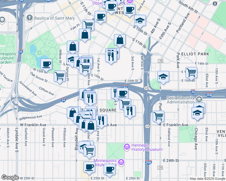 map of restaurants, bars, coffee shops, grocery stores, and more near 137 East 17th Street in Minneapolis