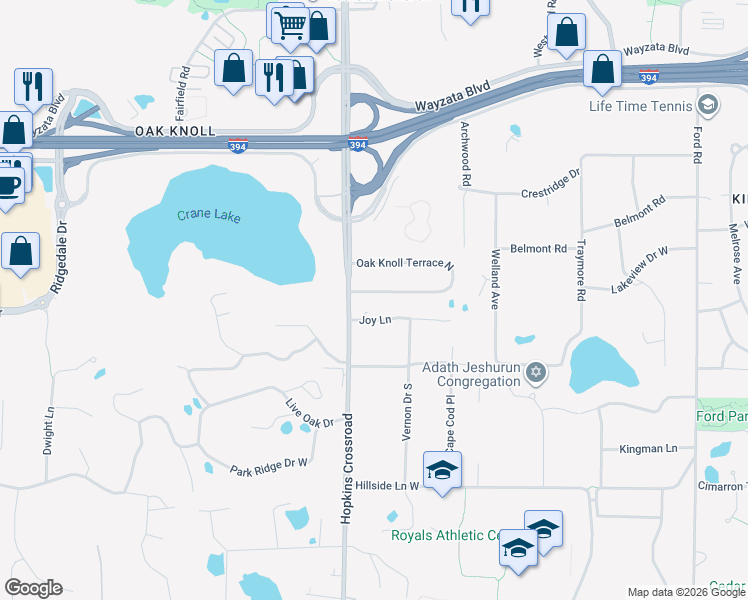 map of restaurants, bars, coffee shops, grocery stores, and more near 11151 Joy Lane in Minnetonka