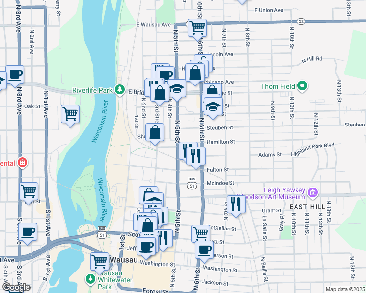 map of restaurants, bars, coffee shops, grocery stores, and more near 1015 North 5th Street in Wausau