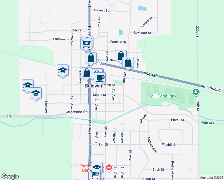 map of restaurants, bars, coffee shops, grocery stores, and more near 680 Maple Street in Baldwin