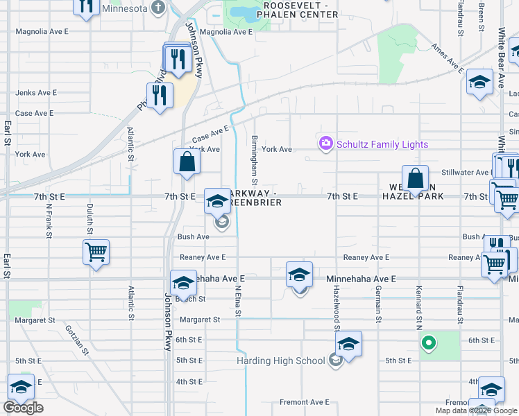 map of restaurants, bars, coffee shops, grocery stores, and more near 1428 7th Street East in Saint Paul