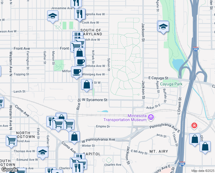 map of restaurants, bars, coffee shops, grocery stores, and more near 44 Lyton Place West in Saint Paul