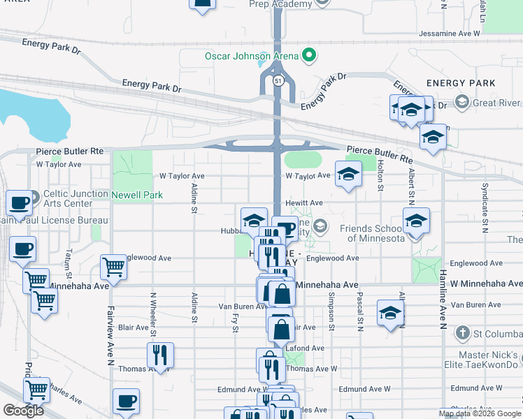map of restaurants, bars, coffee shops, grocery stores, and more near 1601 Hubbard Avenue in Saint Paul