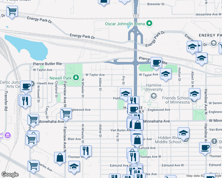 map of restaurants, bars, coffee shops, grocery stores, and more near 1671 Hubbard Avenue in Saint Paul