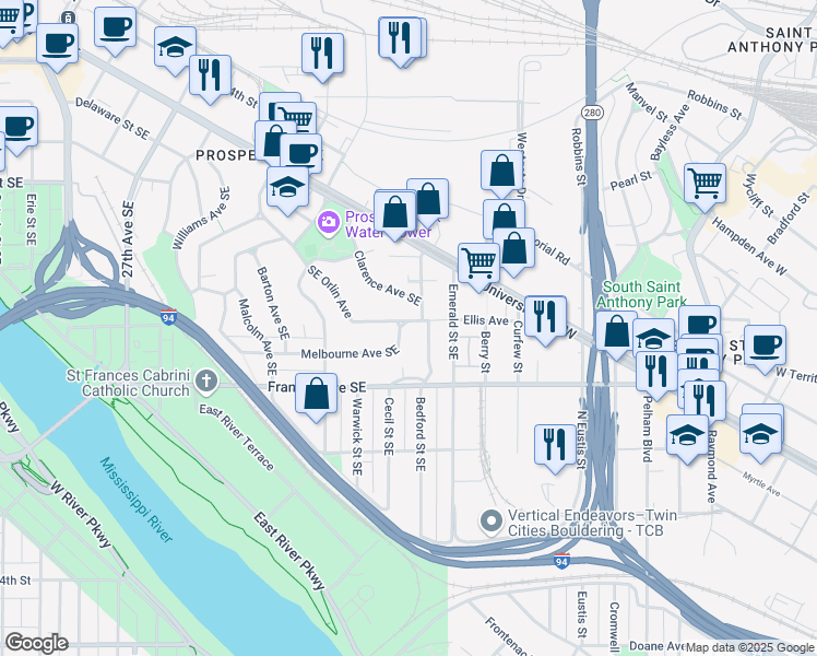 map of restaurants, bars, coffee shops, grocery stores, and more near 29 Melbourne Avenue Southeast in Minneapolis