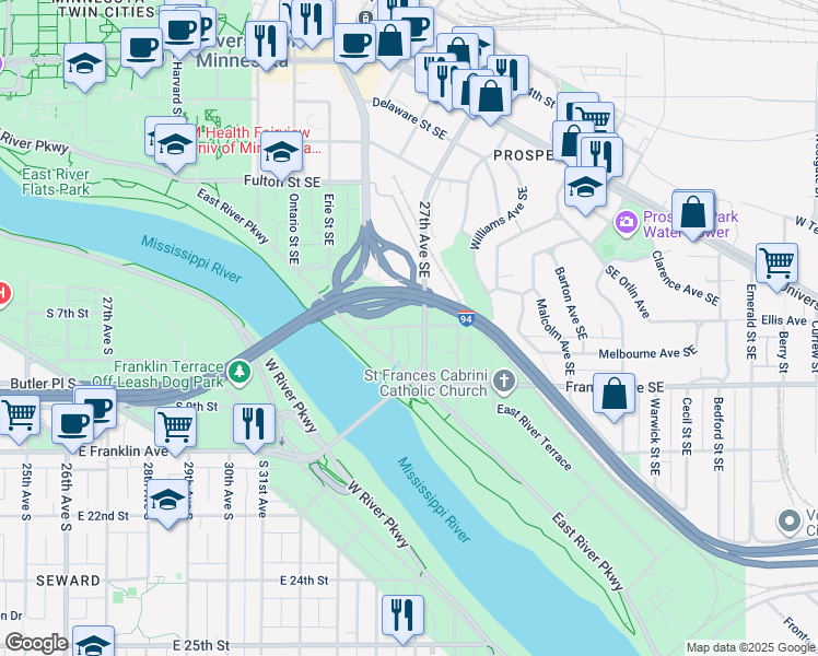 map of restaurants, bars, coffee shops, grocery stores, and more near 11 27th Avenue Southeast in Minneapolis