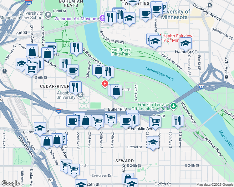 map of restaurants, bars, coffee shops, grocery stores, and more near 2512 Riverside Avenue in Minneapolis
