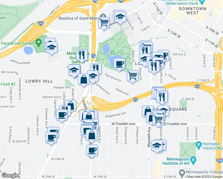 map of restaurants, bars, coffee shops, grocery stores, and more near 349 Groveland Avenue in Minneapolis