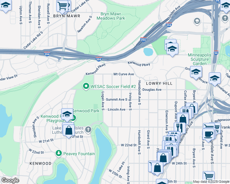 map of restaurants, bars, coffee shops, grocery stores, and more near 1724 Summit Avenue in Minneapolis