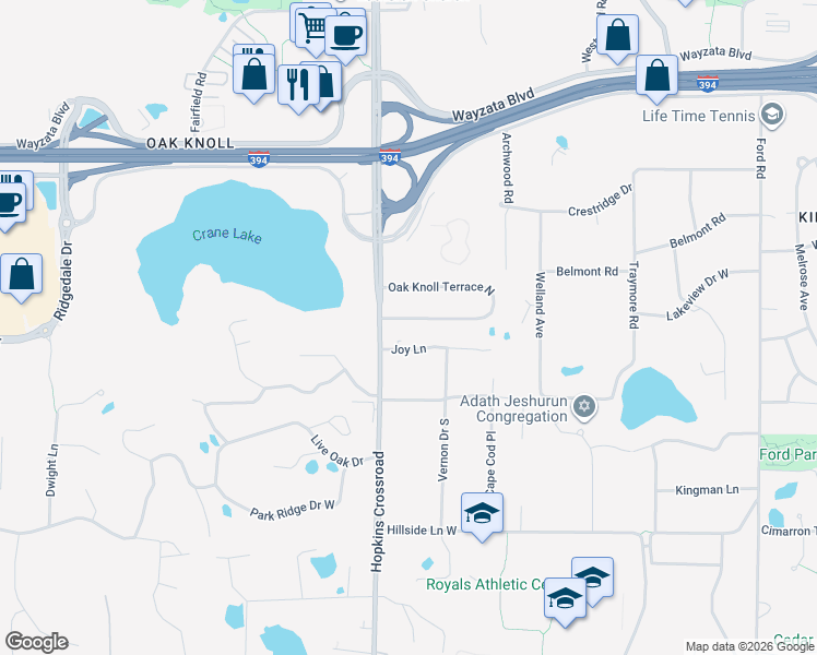 map of restaurants, bars, coffee shops, grocery stores, and more near 11151 Joy Lane in Minnetonka