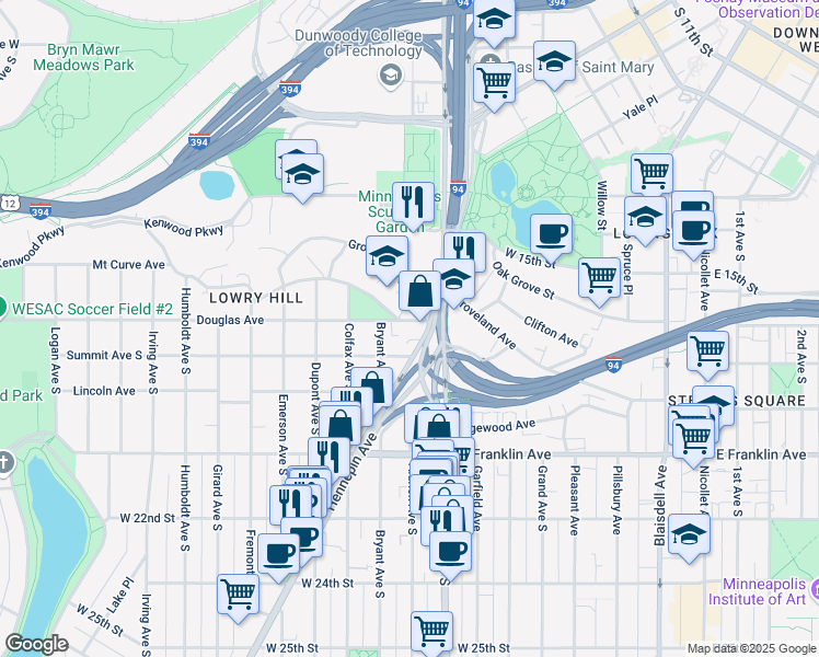 map of restaurants, bars, coffee shops, grocery stores, and more near 715 Douglas Avenue in Minneapolis