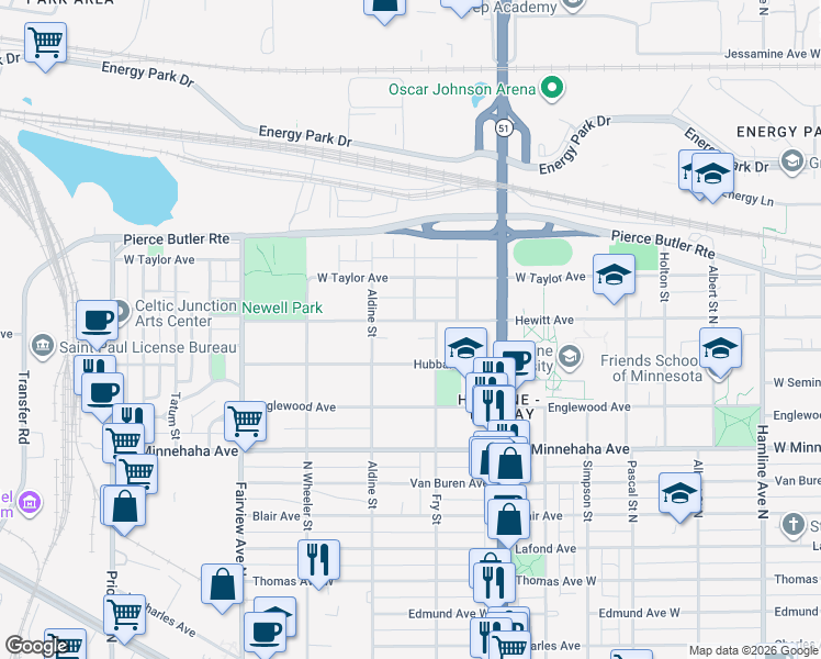 map of restaurants, bars, coffee shops, grocery stores, and more near 1671 Hubbard Avenue in Saint Paul